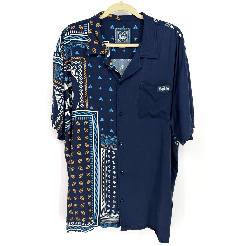 Modelo Beer Navy Blue Bandana Print Button-Up Camp Shirt Short Sleeve XL Rayon